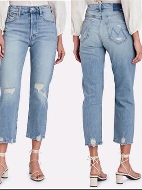 MOTHER Light Blue High-Rise Straight Jeans, TomCat Distressed